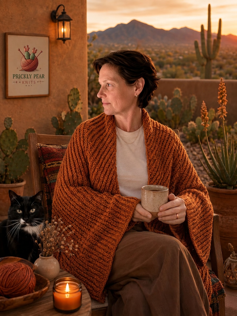 Ember Ridge shawl draped over a chair by the fireplace